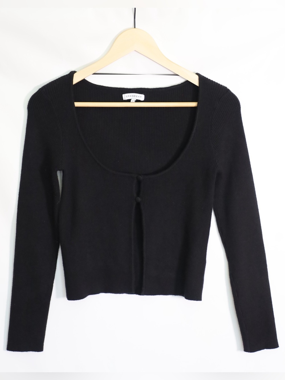 Crescent Black Ribbed Scoop-Neck Long Sleeve Cardigan